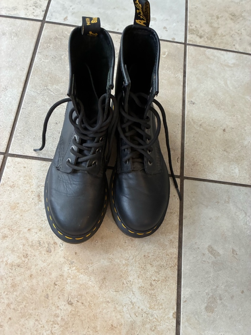 Dr. Martens Black Leather Combat Boots with Yellow Welt Stitching